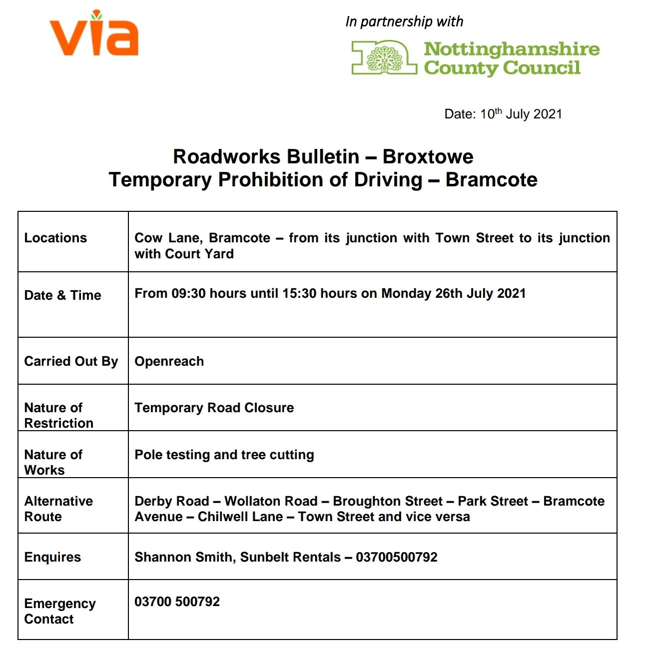 Roadworks Bulletin Temporary Road Closure Cow Lane, Bramcote